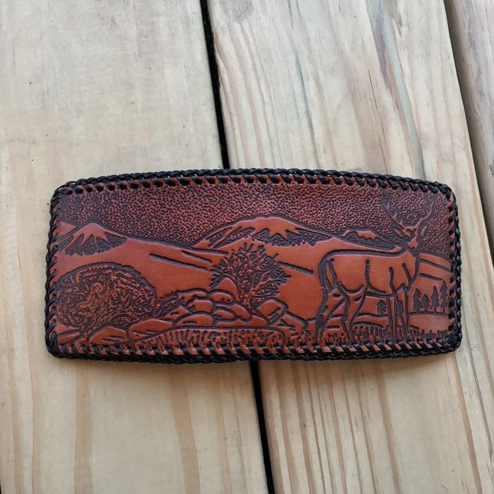 Vintage Leather Wallet Bi-fold Hand Tooled Deer Mountains Nature Whipstitch USA